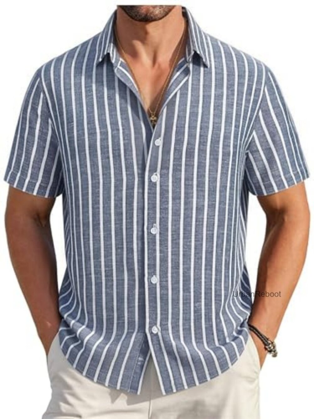 Men's Linen Button Down Short Sleeve Striped Beach Shirt Cotton Casual Relaxed